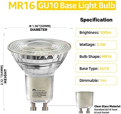Led лампи МАЙСТОРСТВО MART GU10 с регулируема яркост, 5,5 W [еквивалент на 50 W] 500лм, мек топъл бял цвят 2700 До ъгъл осветление 40 °, CRI80, в списъка на UL, сертификат Energy Star (10 бр)