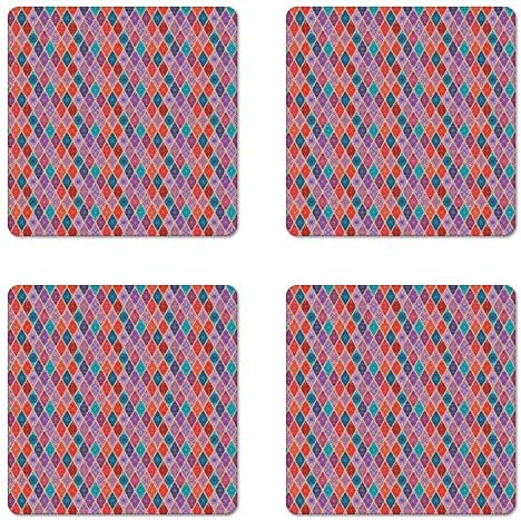 Набор от геометрични каботажните Ambesonne от 4 парчета, Цветни Ориенталски Орнаменти в стил Мозайка с Цветни Ромбоиди, Квадратни Гланц влакчета от оргалита стандартен
