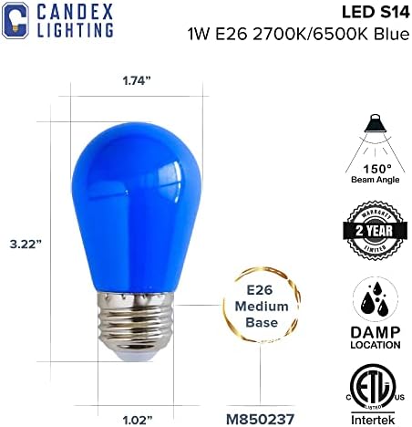 Венец Candex Blue S14 LED с Мощност 10 W, еквивалентна 1 W електрическата крушка, средна база E26, топъл бял цвят 2700 К, без регулиране на яркостта (2 опаковки)