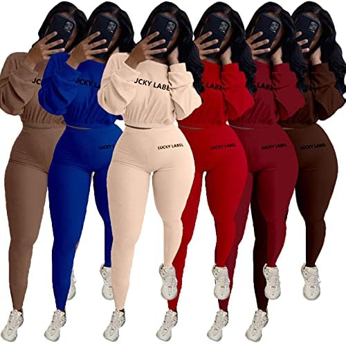 Женски спортен костюм IyMoo от 2 теми - Съкратен Топ в рубчик с дълъг ръкав + Тесни Дълги Панталони, Спортен