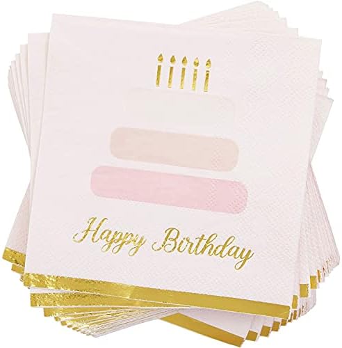 50 опаковки салфетки по темата на тортата честит рожден ден с ръбове от златно фолио (розови, 5 х 5 инча)