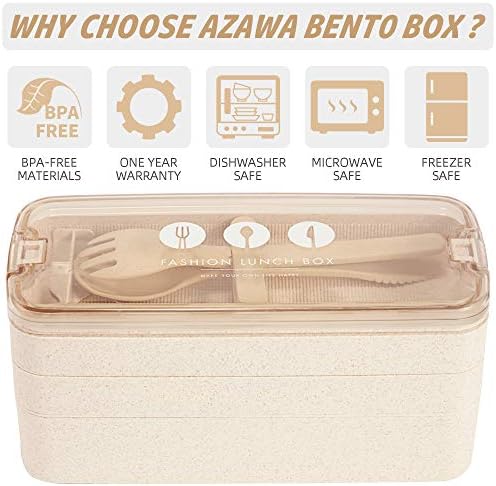 Кутия за обяд AZAWA Bento 1100 мл / 38 грама, 3-Слойная кутия за Bento с Лъжица и Вилица, за деца, Възрастни