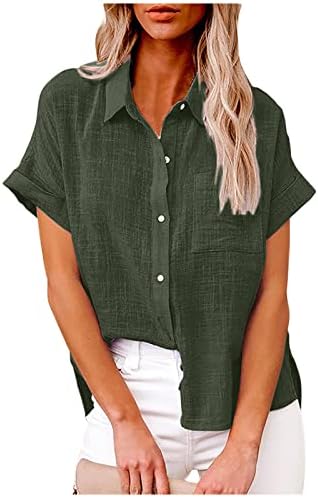 Дамски Ежедневни Риза с Преден джоб, Класически Обикновена Ризи с Копчета и Къс ръкав, Летни Свободни Блузи