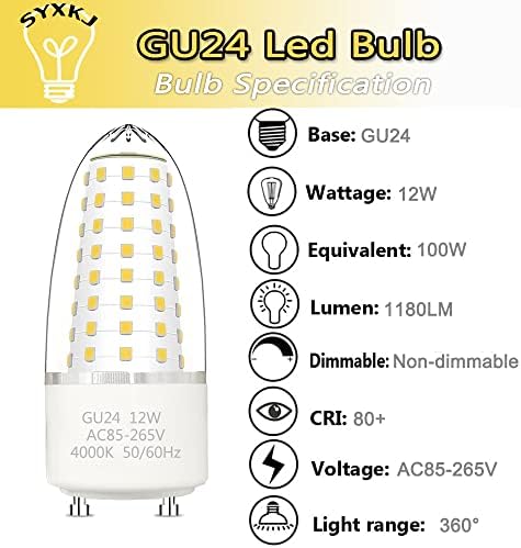 Led лампа SYXKJ GU24 Заменя спираловидна CFL крушка T2, 2, 4000 К, Натурална бяла, Не Затемняемая AC85V-265V,