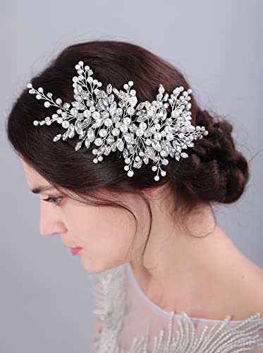 JWICOS Сватбена гребен за коса на булката, украсена с кристали, странична четка за коса с перли, сватбени аксесоари