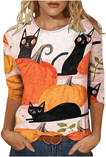 Върховете на Хелоуин за жени, Дамски Модни Свободна Тениска с Принтом, Блуза, със средна дължина, с 3/4 ръкави,