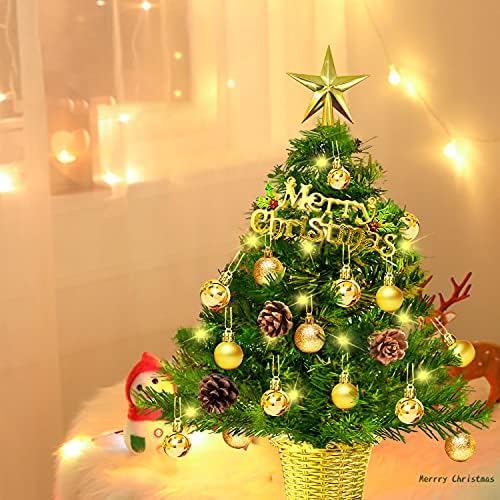 Мини Коледни Елхи, Изкуствена Настолна Коледно Дърво с Жълто-Гирлянди, Звезди на върха на дървото и 16 бр. за
