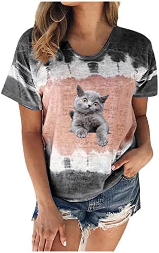 Ежедневни Тениски за Жени Tie Боядисват С Къс Ръкав, Летни Блузи Свободно, Намаляване, Цветен Блок, Удобна Тениска с Кръгло Деколте и Животните Принтом