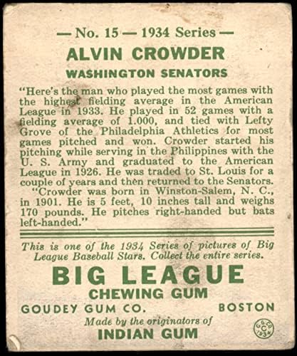 Обикновена бейзболна картичка Гауди 1934 года15 Алвин Краудер от Вашингтон Сенатърс Оценка е Добра