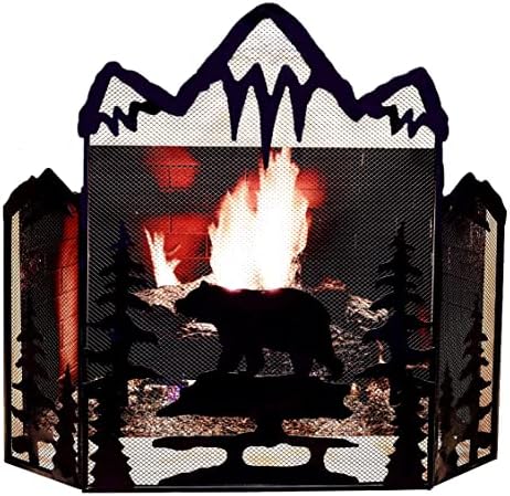 Декоративен Метален Сгъваем екран с Камина, Планински Мечка от Черна Метална Мрежа в Селски Западен стил Кънтри