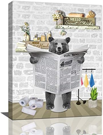 Fuzawet Bear Декор за Баня Стенни Изкуство Черно на Тоалетната, Четене на Вестници Платно Забавни Снимки на