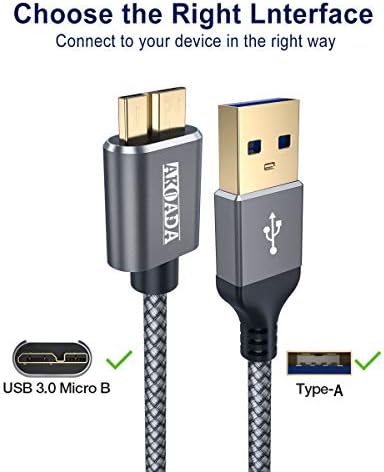 AkoaDa 6.6 ft USB Micro B 3.0 Кабел, Кабел за външен хард диск от USB A до Micro-B Кабел с найлон оплеткой за