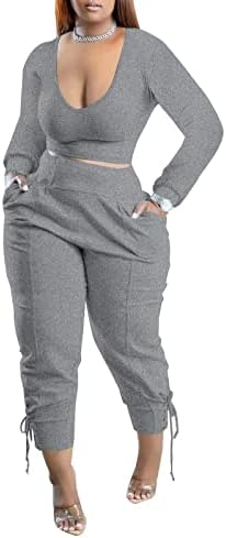 Ekaliy/ Жена Случаен Комплект от две части Топ с дълъг ръкав и V-образно деколте и Дълги Панталони, Спортни