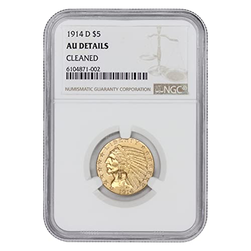 1914 D Американската Златна Главата на Индианец, Наполовина Орел AU Details $5 AU Details NGC