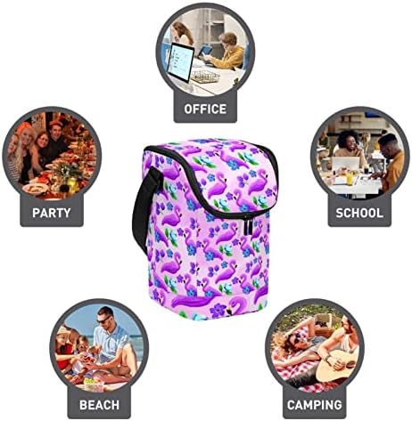 Чанта за обяд за Жени и Мъже, Изолирано Лилава Чанта-Тоут с фламинго и Цветя, Обяд-Бокс с Регулируем пагон за