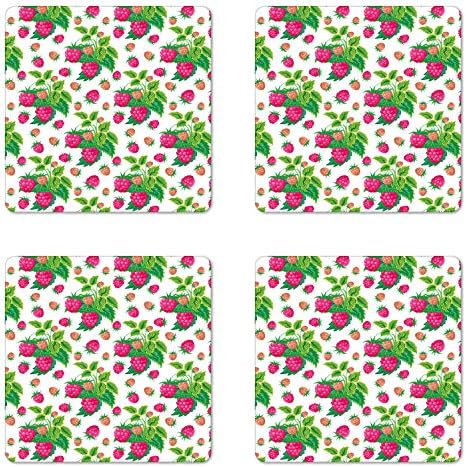 Набор от Плодови каботажните Ambesonne от 4 парчета, Пролетно Малина в Ботаническата стил със Зелени листа,