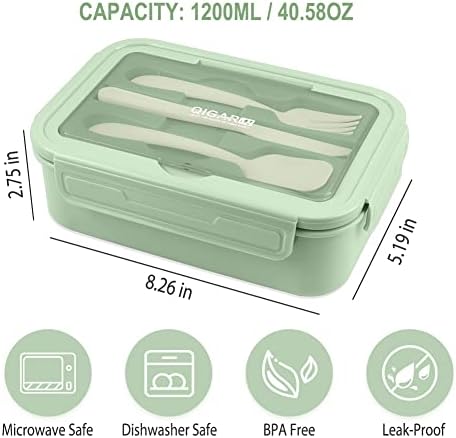 NatraProw Bento Box за възрастни, Съдове за хранене за възрастни обем 1400 мл, Фланец Обяд-Бокс с прибори и съдове, Не съдържа BPA, 3 отделения, За микровълнова печка, Светло зелен