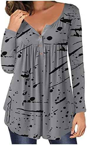 NOKMOPO Тениски за Жени Модни Върхове в Ивица с Принтом Ежедневни Блузи Копчета с яка-ботуш и Дълъг Ръкав