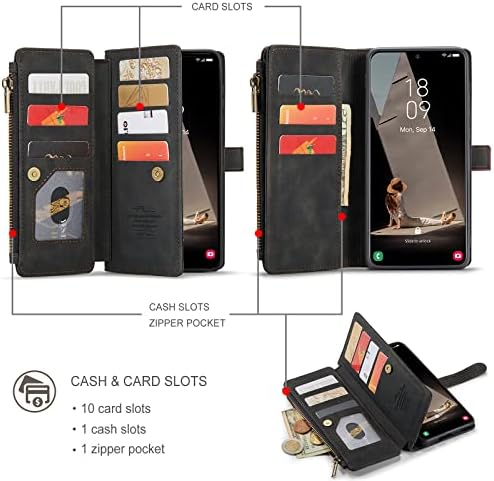 Калъф HAII за Galaxy S21 FE, Кожен Калъф-портфейл с панти капак и Отделение за 10 карти, Титуляр, Джоб с цип,