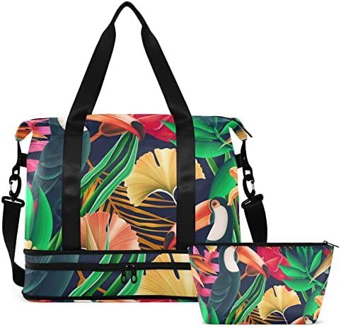 Спортна чанта susiyo с Птица Тукан и Тропически Листа, джоб за влажни Суха обувки, Чанта за Практикуване на